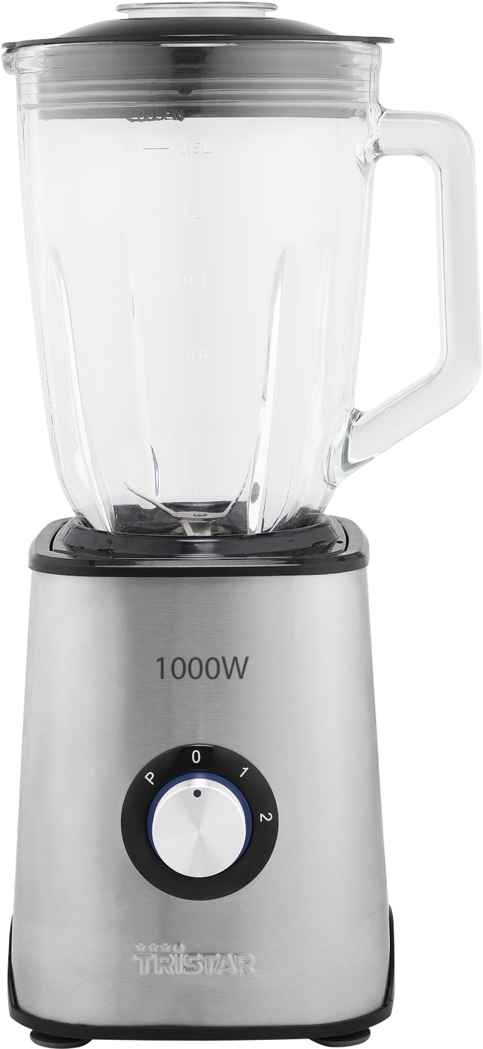 Zilveren en zwarte blender met een glazen kan en een draaiknop voor snelheidsregeling.