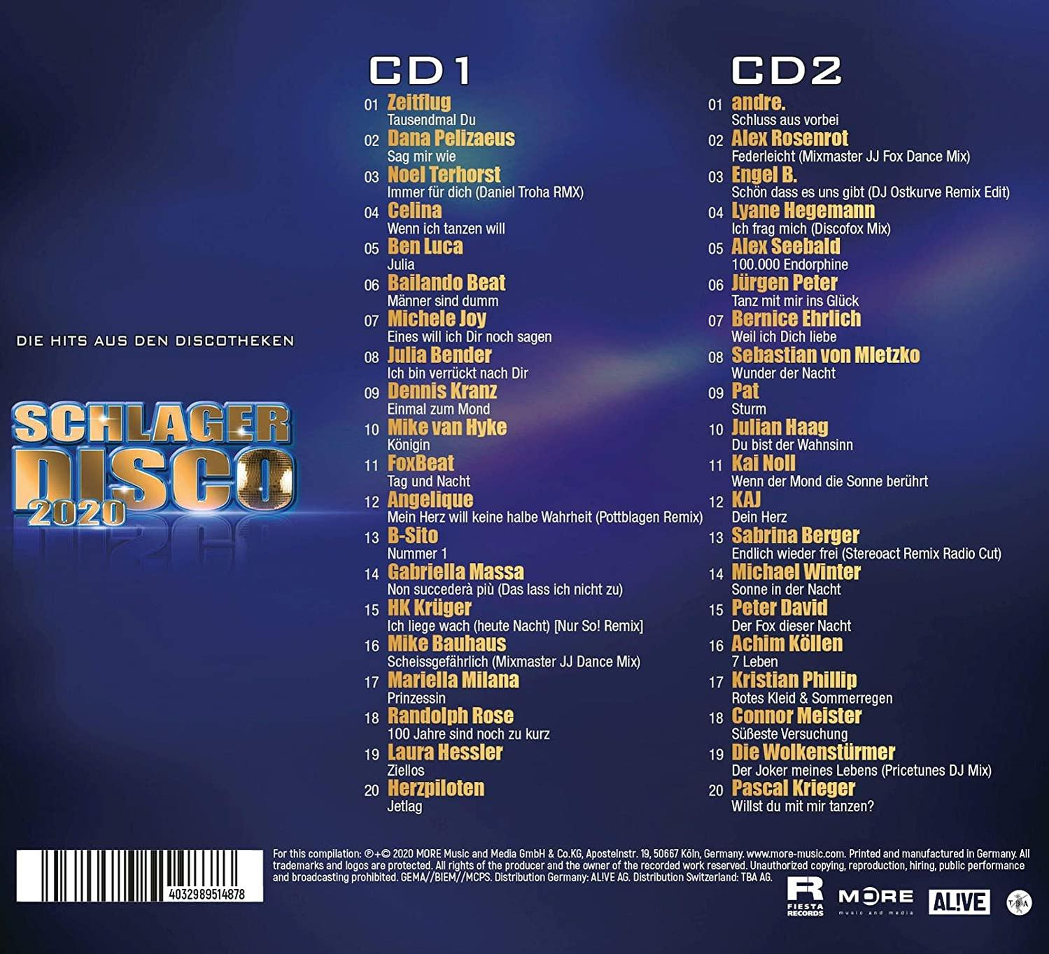 CD-Cover für 'Schlager Disco 2020' mit verschiedenen Künstlern und Titeln.