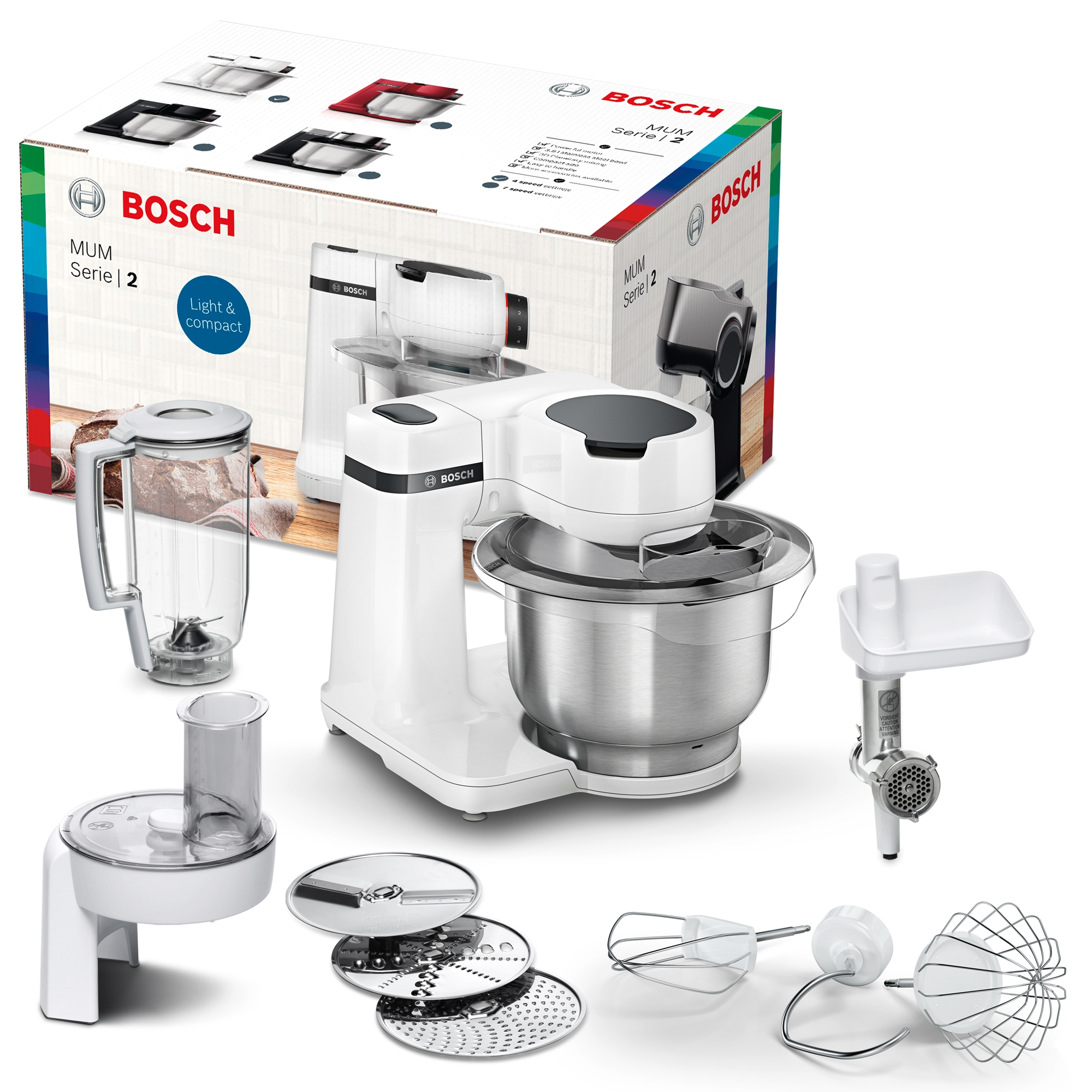 Robot kuchenny Bosch MUM Serie 2 z akcesoriami: blender, maszynka do mięsa i trzepaczki.