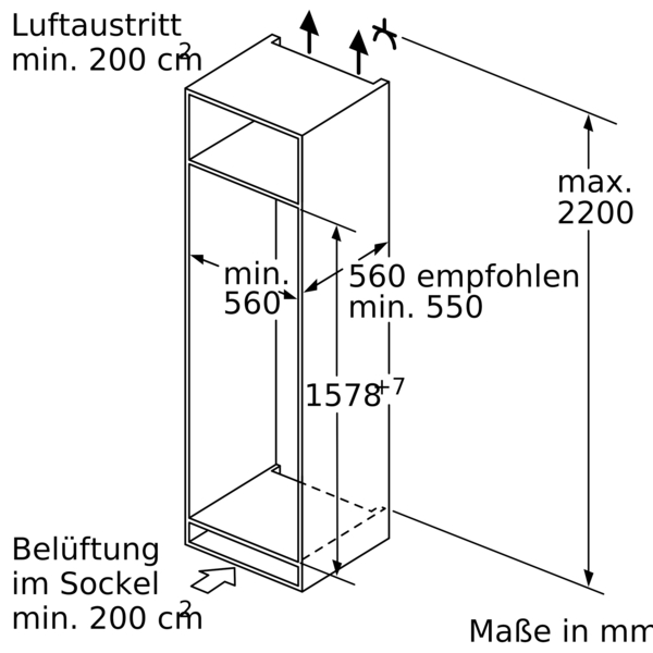 Diagramm eines Schranks mit Maßen in mm. Pfeile zeigen den Luftstrom und die Messungen an.