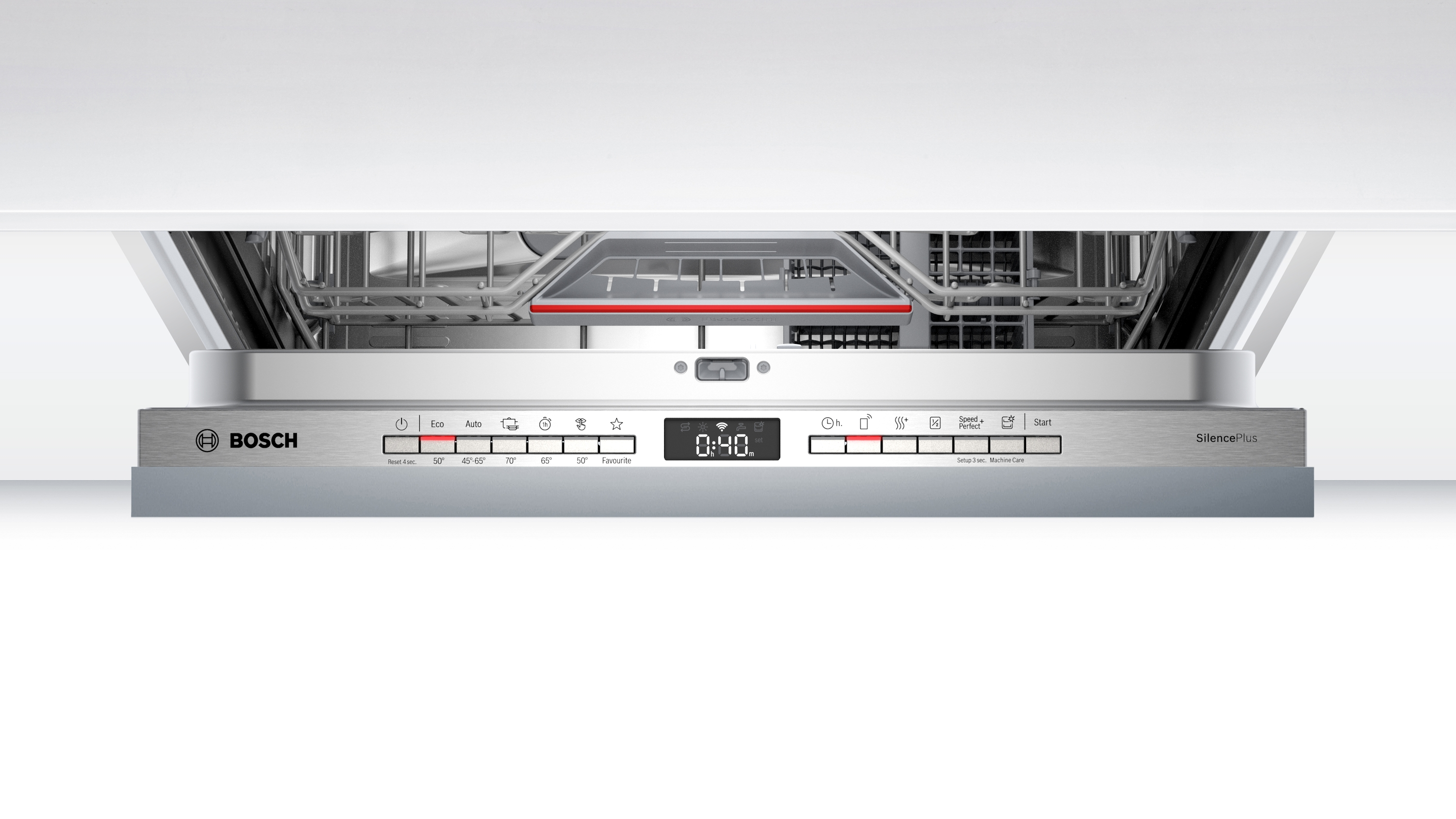Bosch Geschirrspüler-Bedienfeld mit Display, Knöpfen und Silence Plus-Etikett.