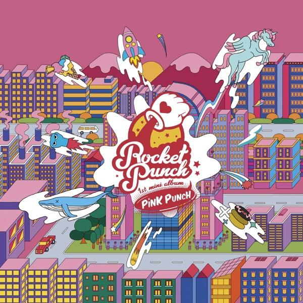 Albumhoes met cartoonstad en vliegende objecten, roze en blauw kleurenschema.