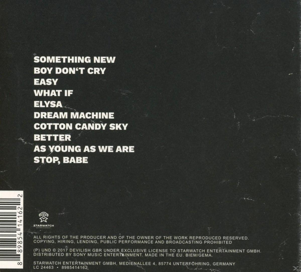 Albumcover mit Songtiteln: Something New, Boy Don't Cry, Easy, What If, etc. Weißer Text auf dunklem Hintergrund.