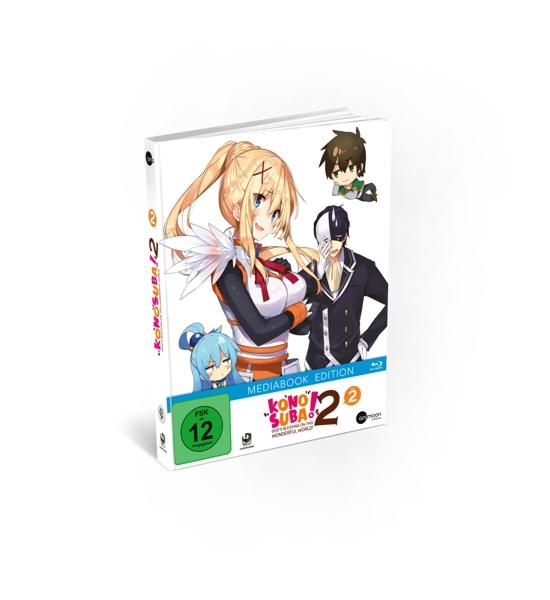 Anime-DVD-Cover. Blonde Frau, Anime-Stil, mit zwei anderen Zeichentrickfiguren. Titel: KonoSuba 2.