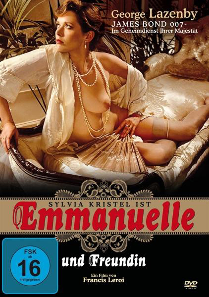 Emmanuelle und Freundin DVD-Cover. Frau mit Perlen, hält einen Fächer, in einem Bett.