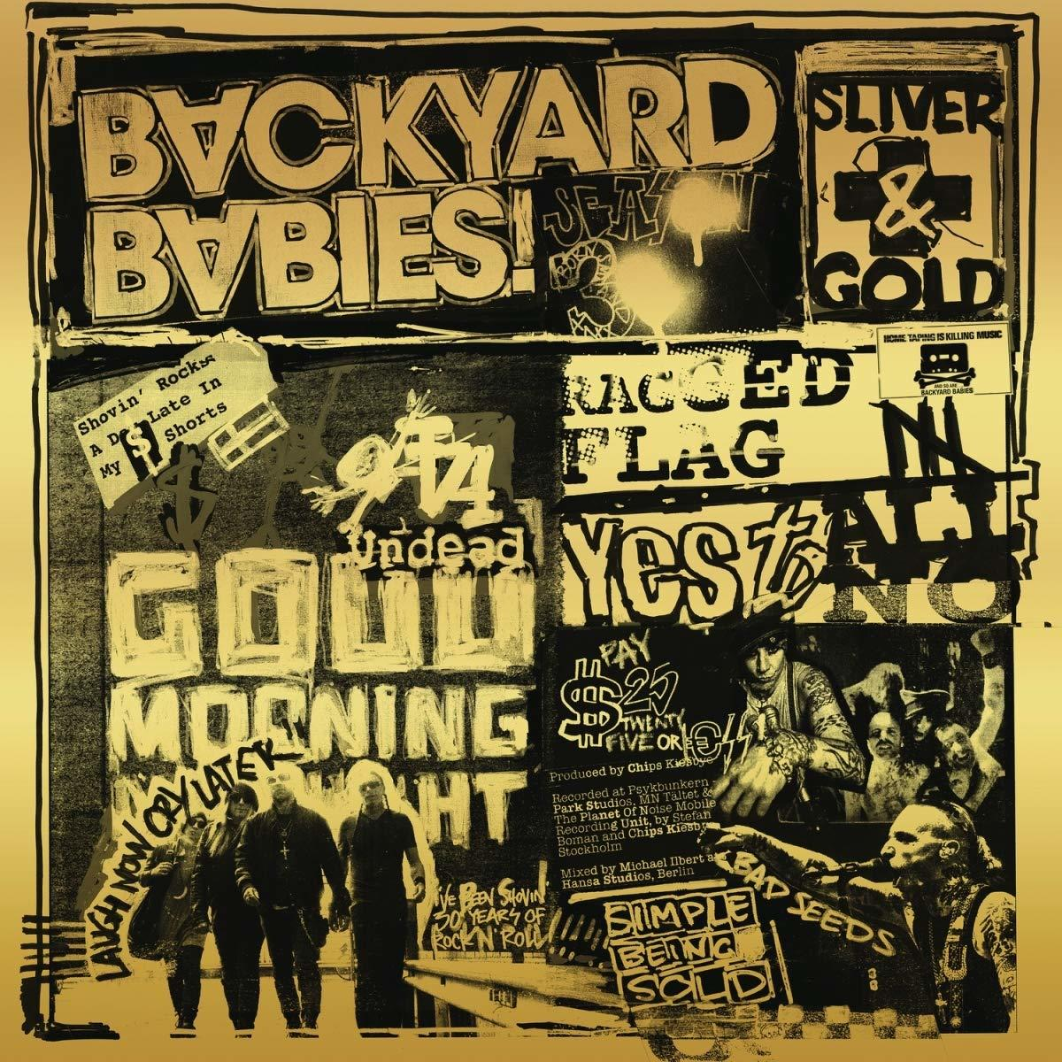 Poster: Gold- und Schwarzkunst mit Text "Backyard Babies", "Sliver & Gold".
