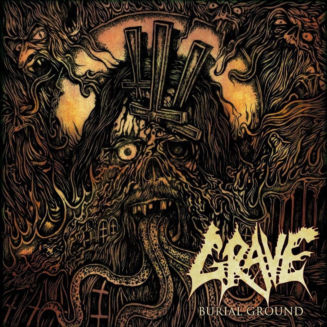 Albumcover, Grave, mit einem dunklen, detaillierten Bild eines Schädels und verdrehten Figuren.