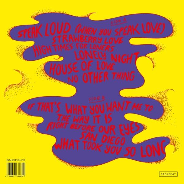 Albumcover mit buntem Text auf gelbem Hintergrund, Retro-Stil.