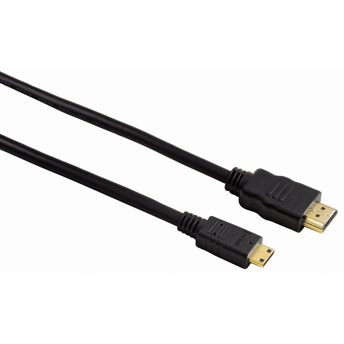 Zwarte HDMI-kabel met twee connectoren, op een wit oppervlak.