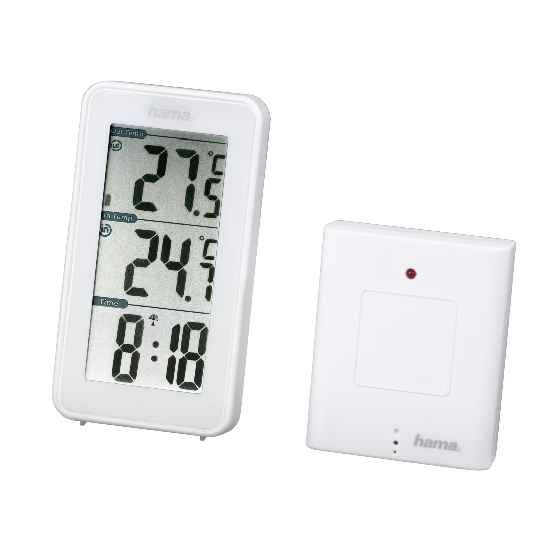 Weißes digitales Thermometer mit Anzeige von Temperatur und Uhrzeit, sowie ein kleines Gerät.