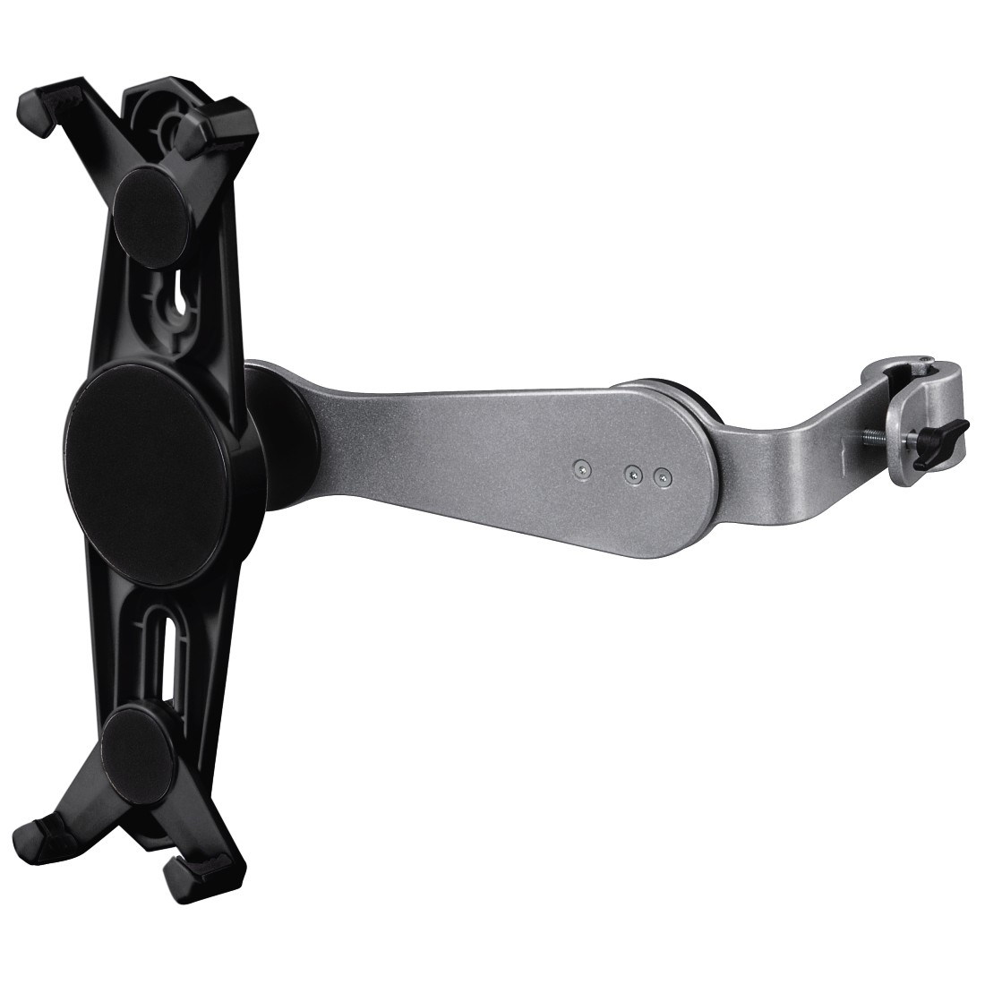 Support de tablette, noir et argent, avec bras réglable. Sur fond blanc.