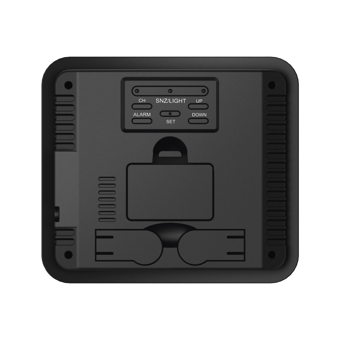 Black digital clock with buttons: CH, SNZ/LIGHT, UP, ALARM, SET, DOWN. The back of the clock.