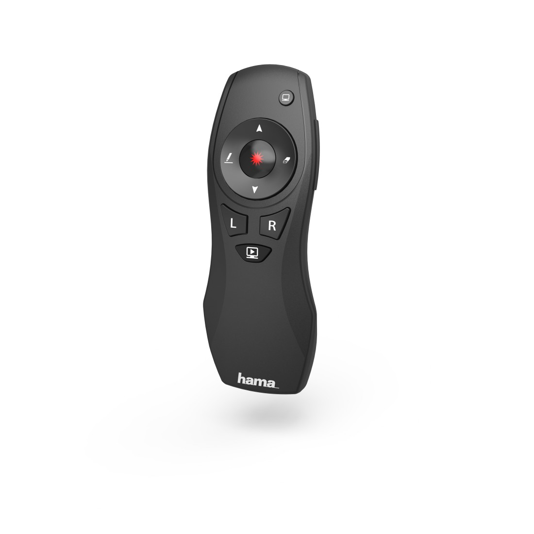 Télécommande de présentation noire avec des boutons et une lumière laser rouge.