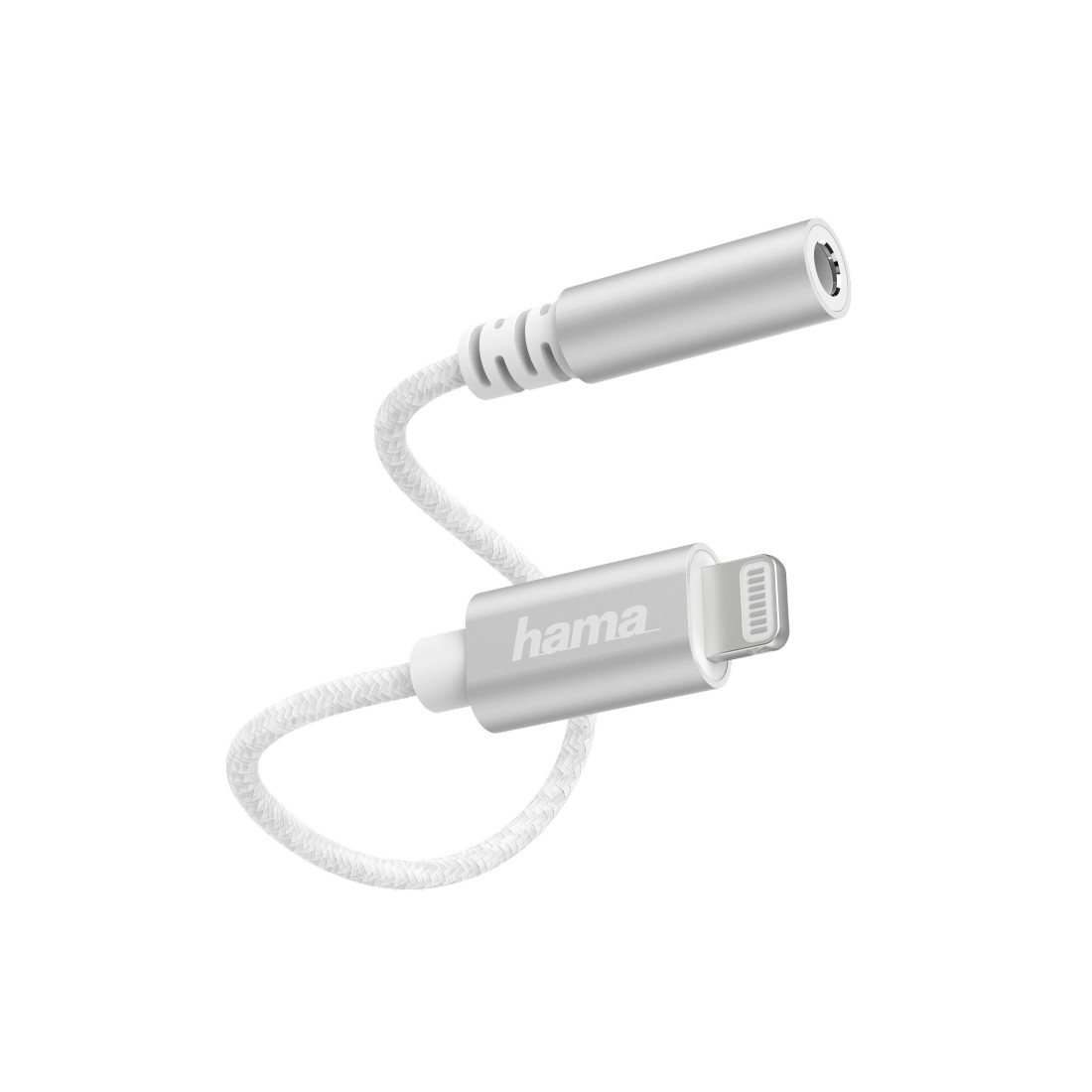 Een zilveren adapter met een witte kabel.