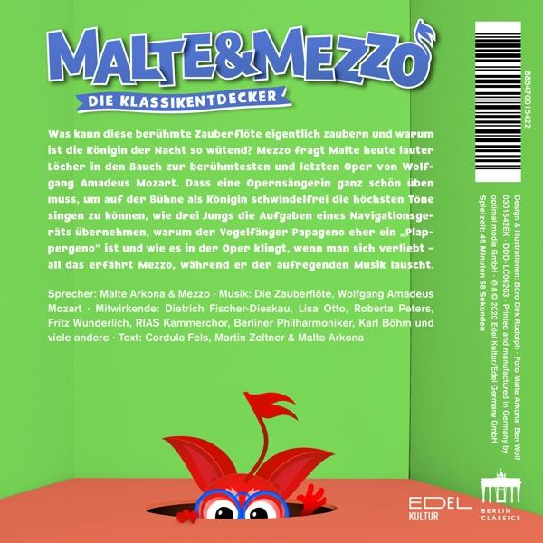 CD-Cover für 'Malte & Mezzo: Die Klassikentdecker' mit Illustrationen und Text auf buntem Hintergrund.