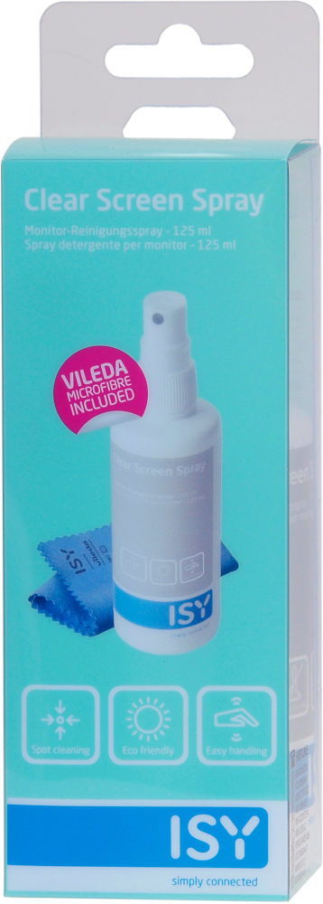 Schoonmaakspray voor schermen met fles, doek en verpakking. Witte achtergrond.
