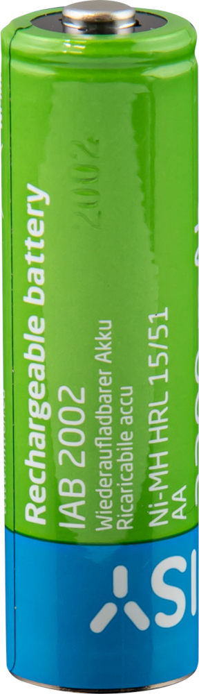Green and blue rechargeable battery with 'IAB 2002' text.