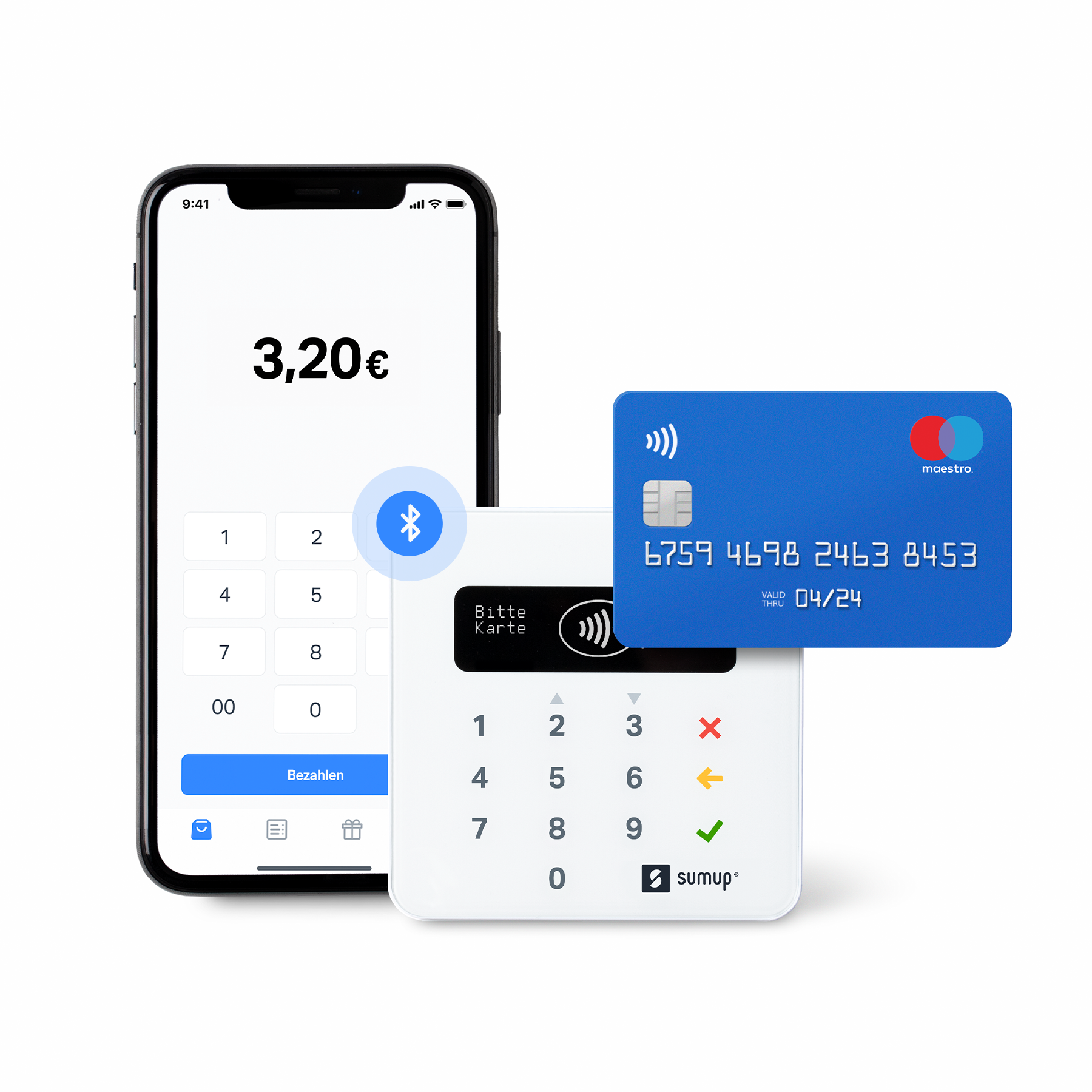 Smartphone zeigt 3,20€ Zahlung, weißes Zahlungsterminal und Kreditkarte.