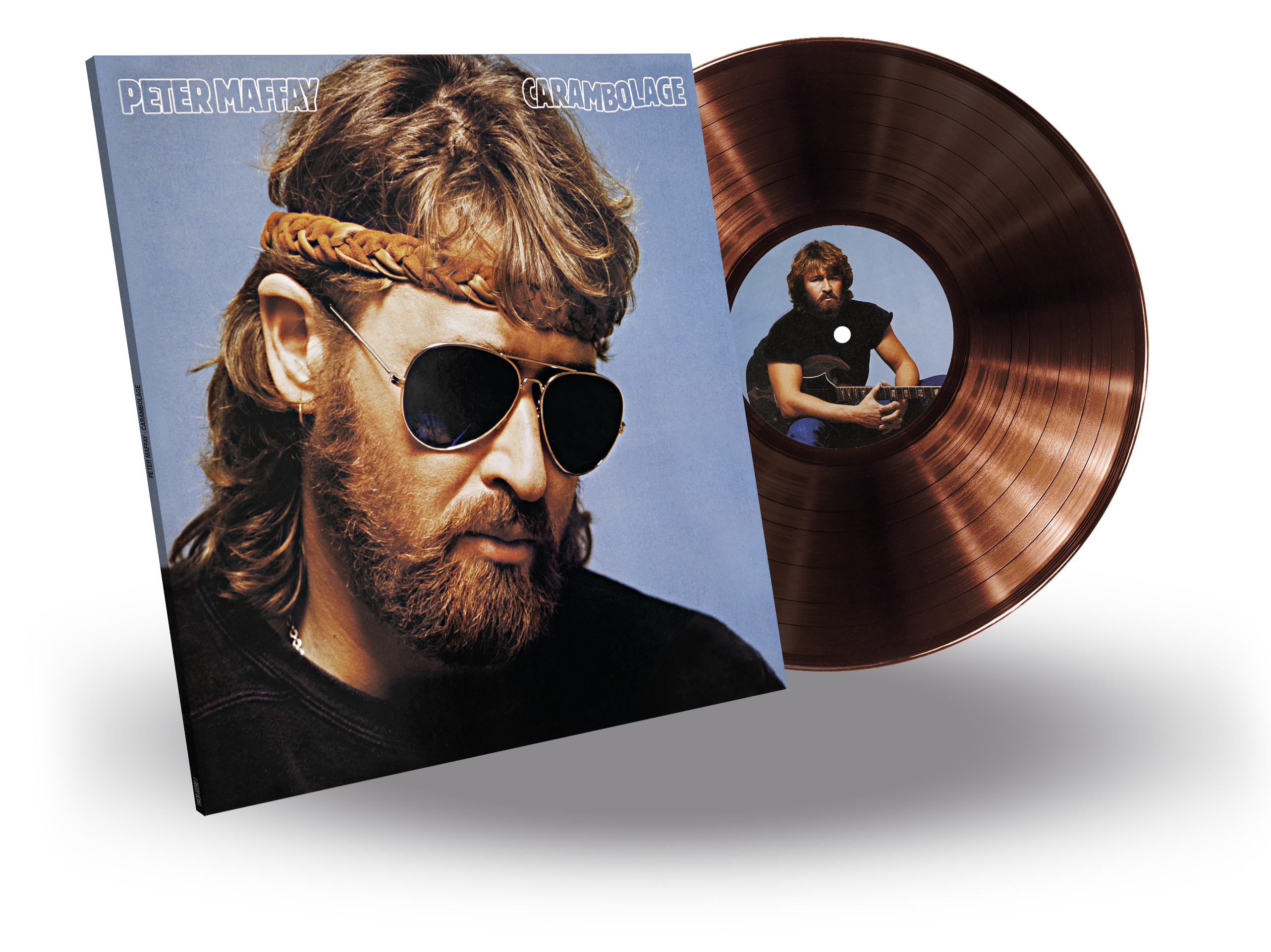 Albumcover mit Peter Maffay, Sonnenbrille und Schallplatte. Blauer Hintergrund.