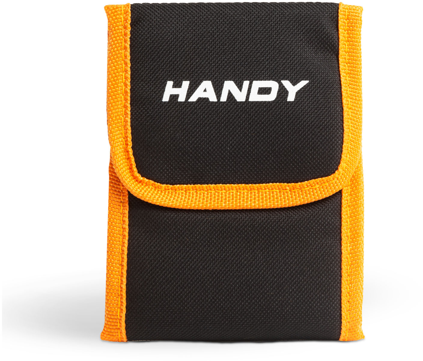 Fekete Handy szerszámtáska narancssárga szegéllyel. A Handy szó fehérrel van írva a táskán.