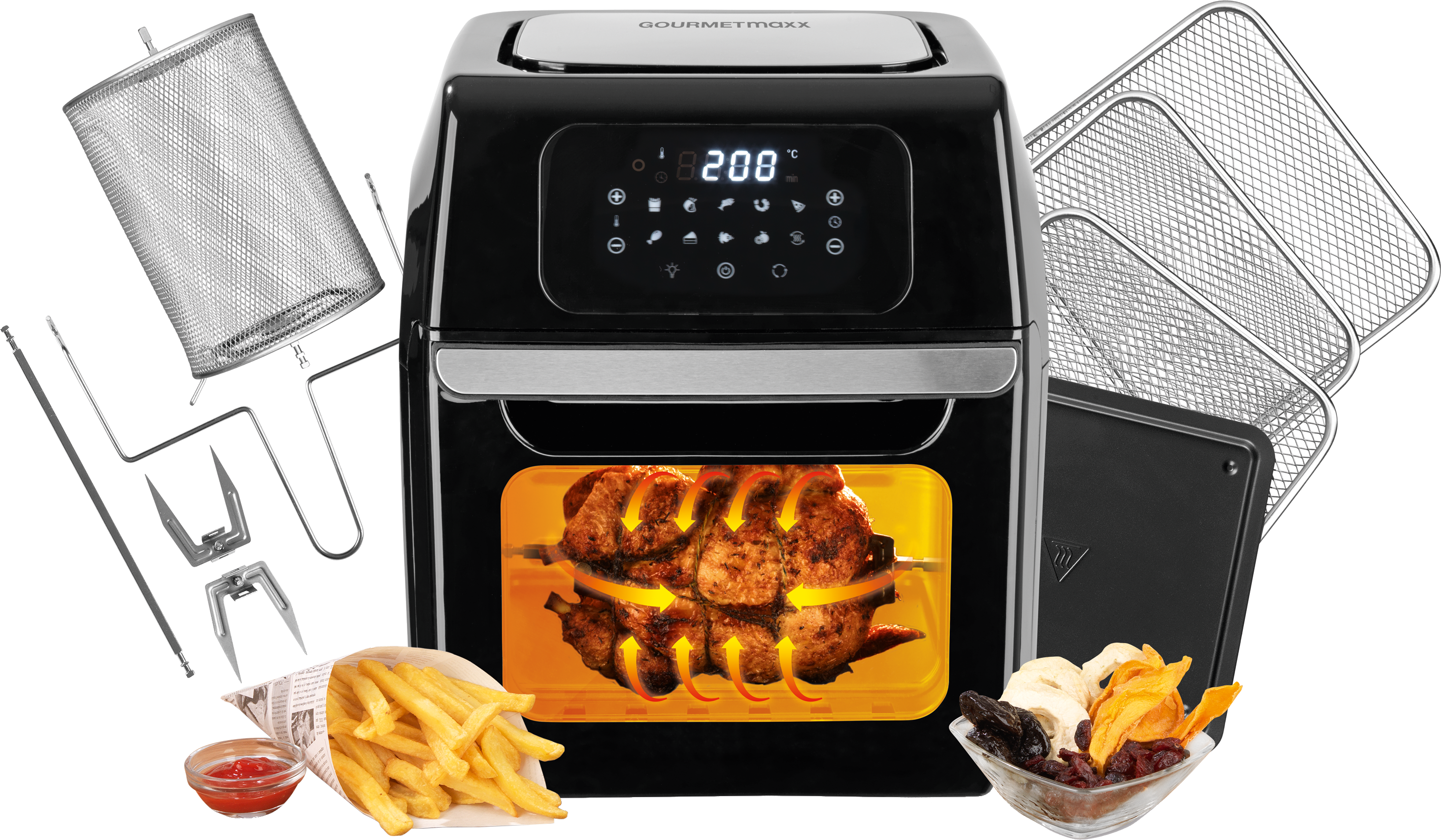 Schwarze Heißluftfritteuse mit Zubehör: Roste, Drehspieß und Tablett sowie Lebensmittel wie Pommes und Trockenfrüchte.