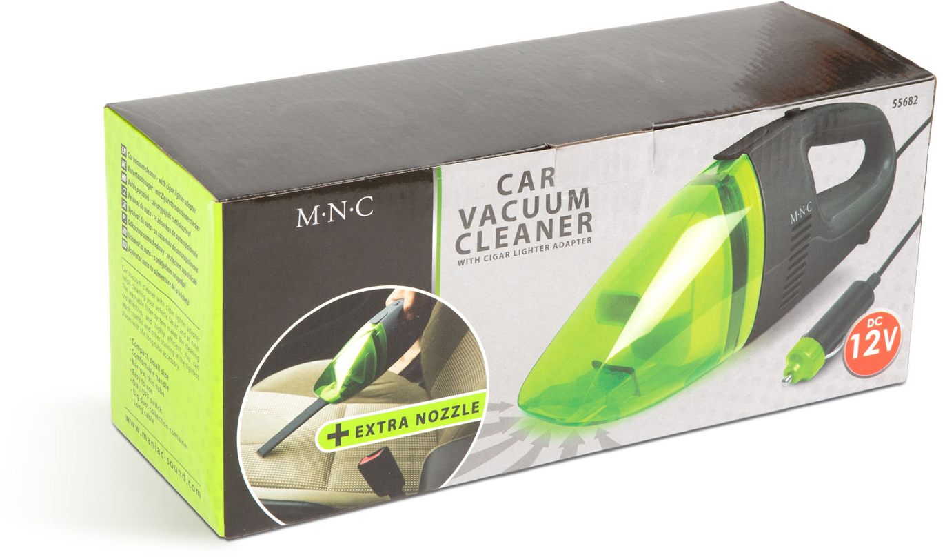 Egy doboz autó porszívóval, 'CAR VACUUM CLEANER' felirattal.