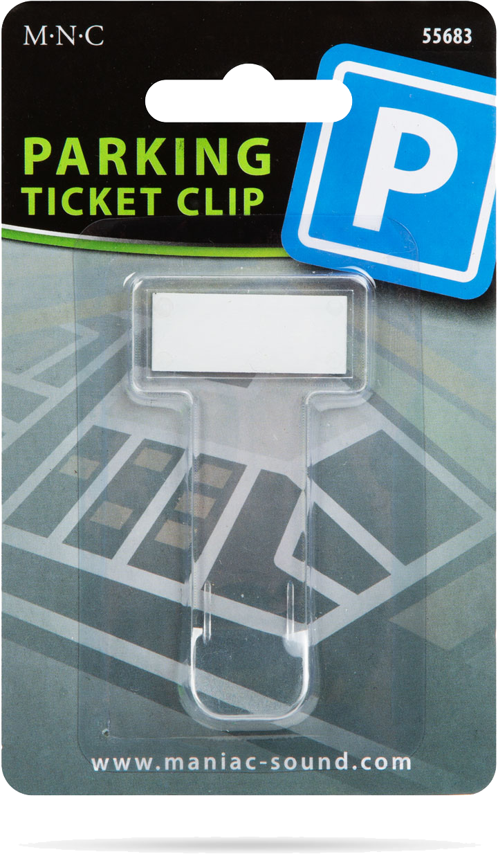 Parkolójegy-csipesz csomagolásban. Átlátszó műanyag csipesz fehér címkével. Kék parkolótábla a háttérben.