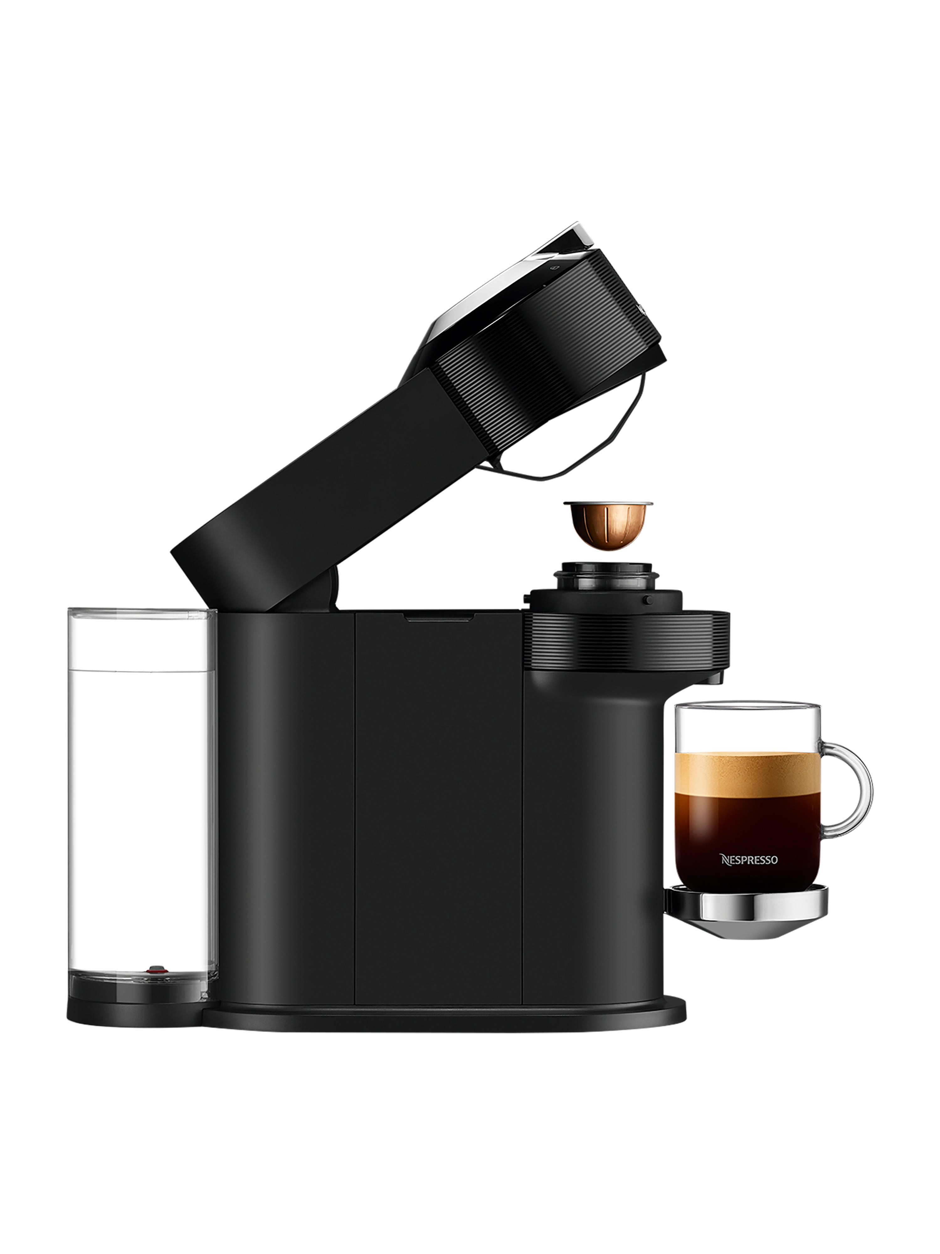 Eine schwarze Nespresso-Maschine mit einer Tasse Espresso, die gebrüht wird.