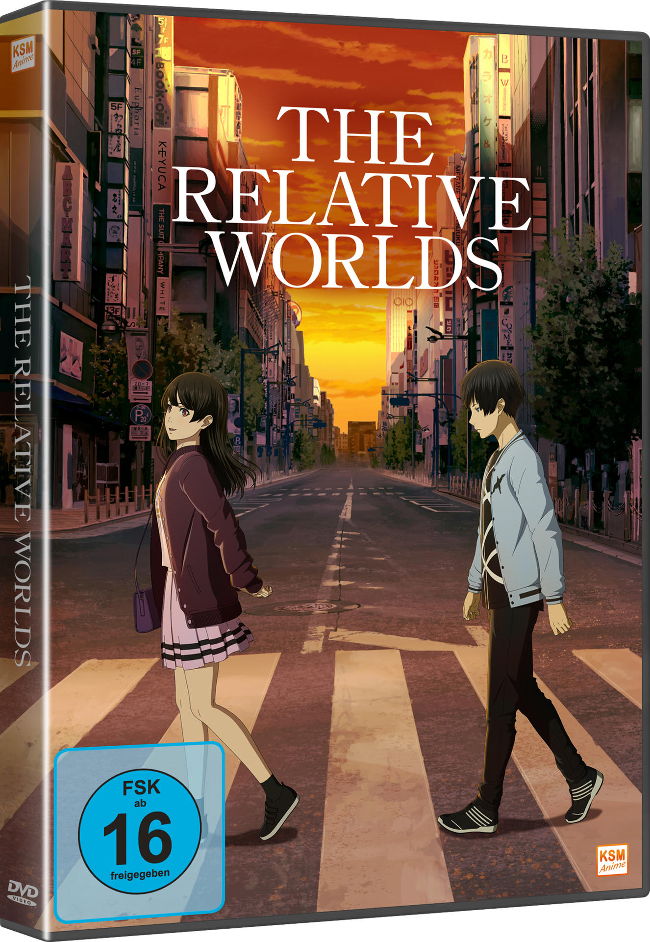 DVD-Cover für „The Relative Worlds“. Anime-Artwork mit zwei Charakteren auf einer Stadtstraße.