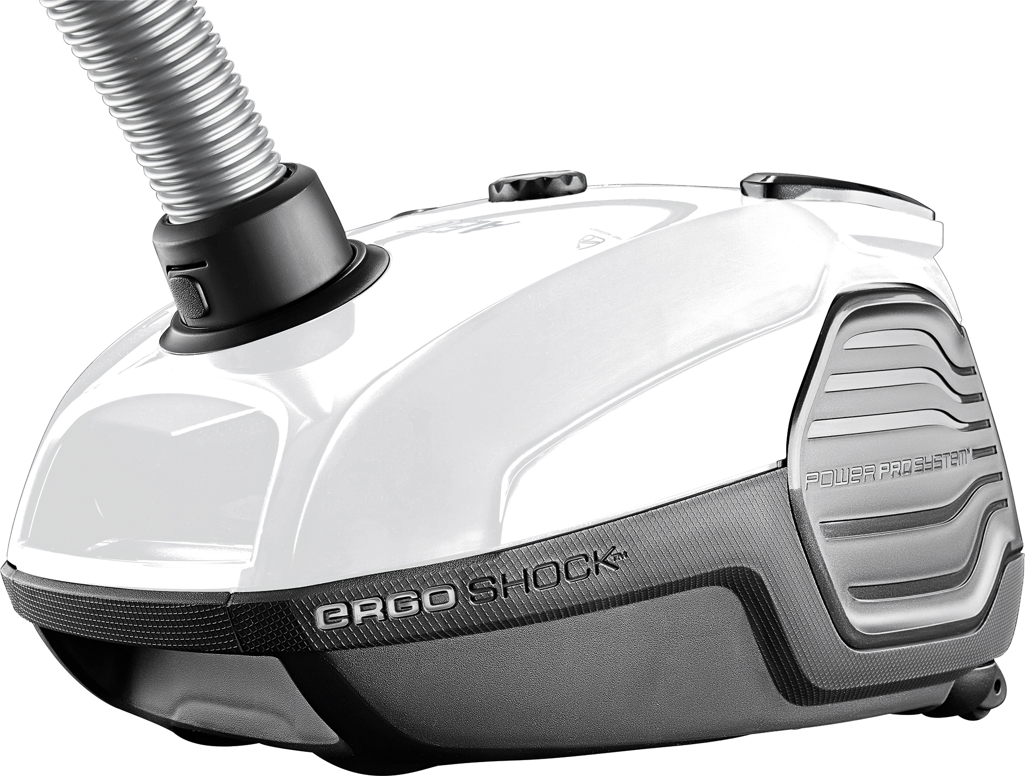 Weiß-grauer Staubsauger mit ergonomischem Design und dem Label 'ERGO SHOCK'.