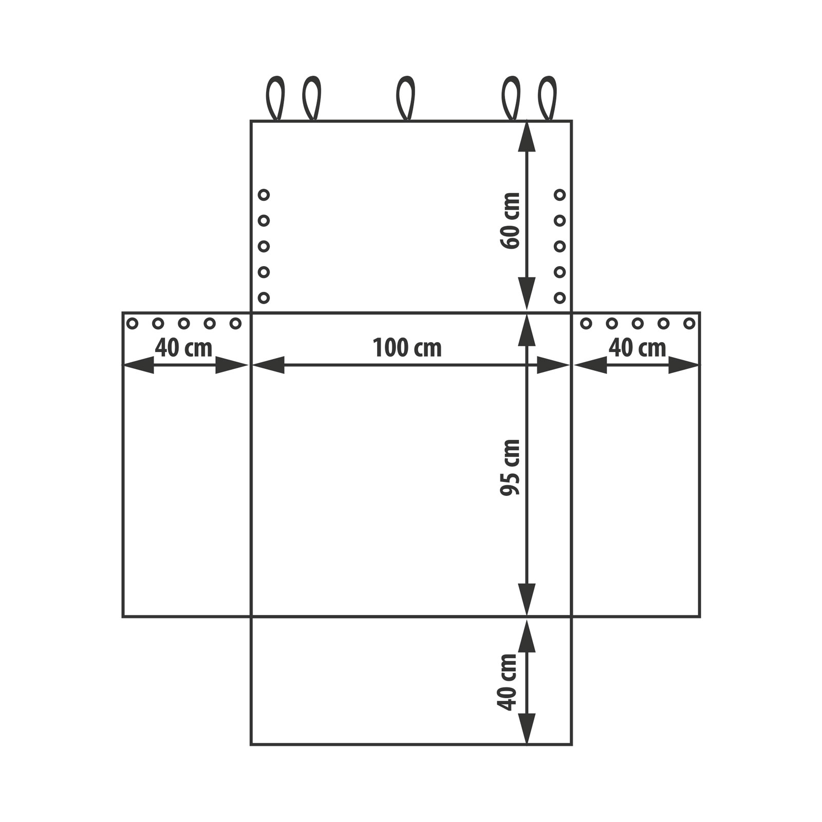 Egy szövetdarab kivágásának diagramja. Méretek: 100 cm, 95 cm, 60 cm és 40 cm jelölve.