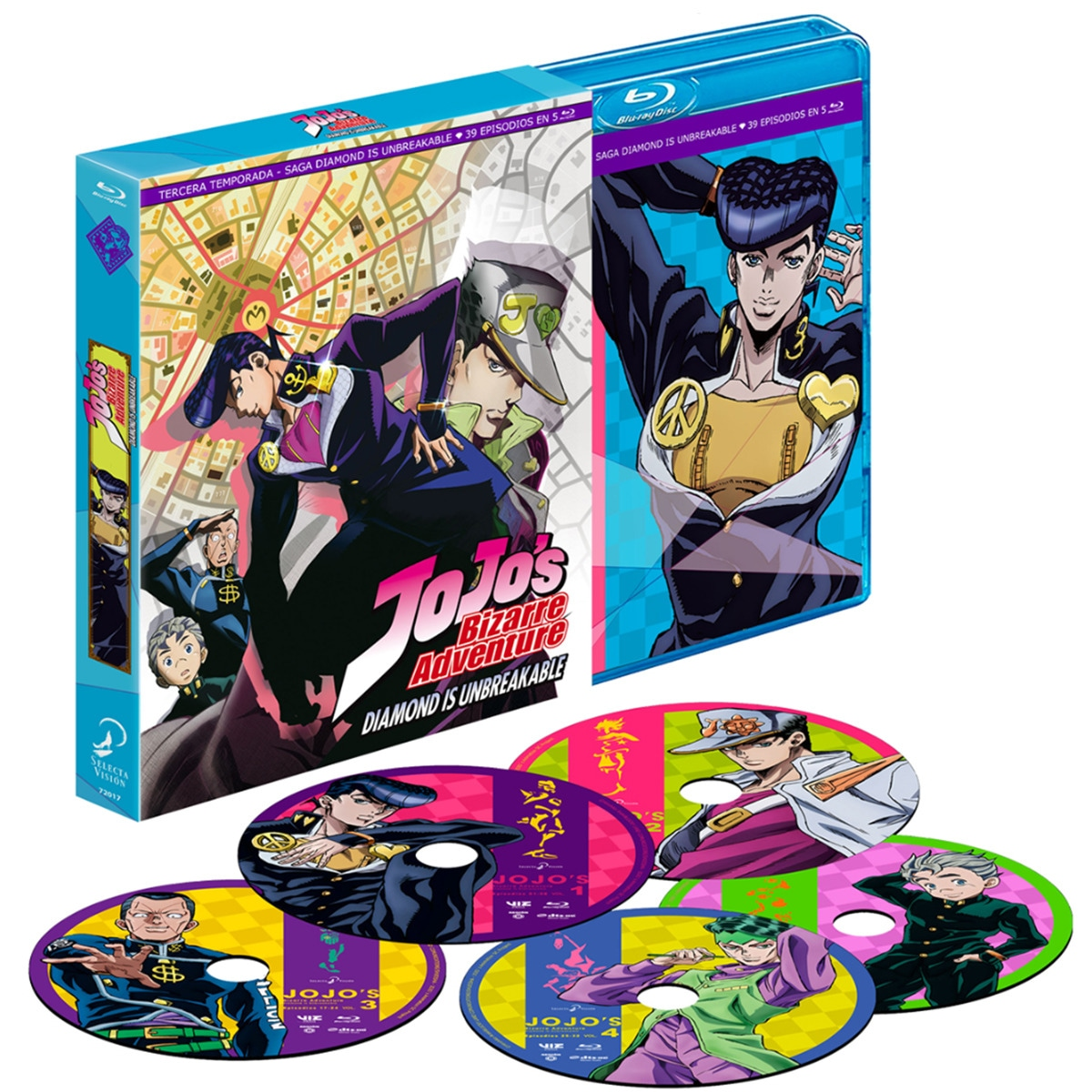 Caja de Blu-ray de JoJo's Bizarre Adventure, con ilustraciones de personajes en los discos.