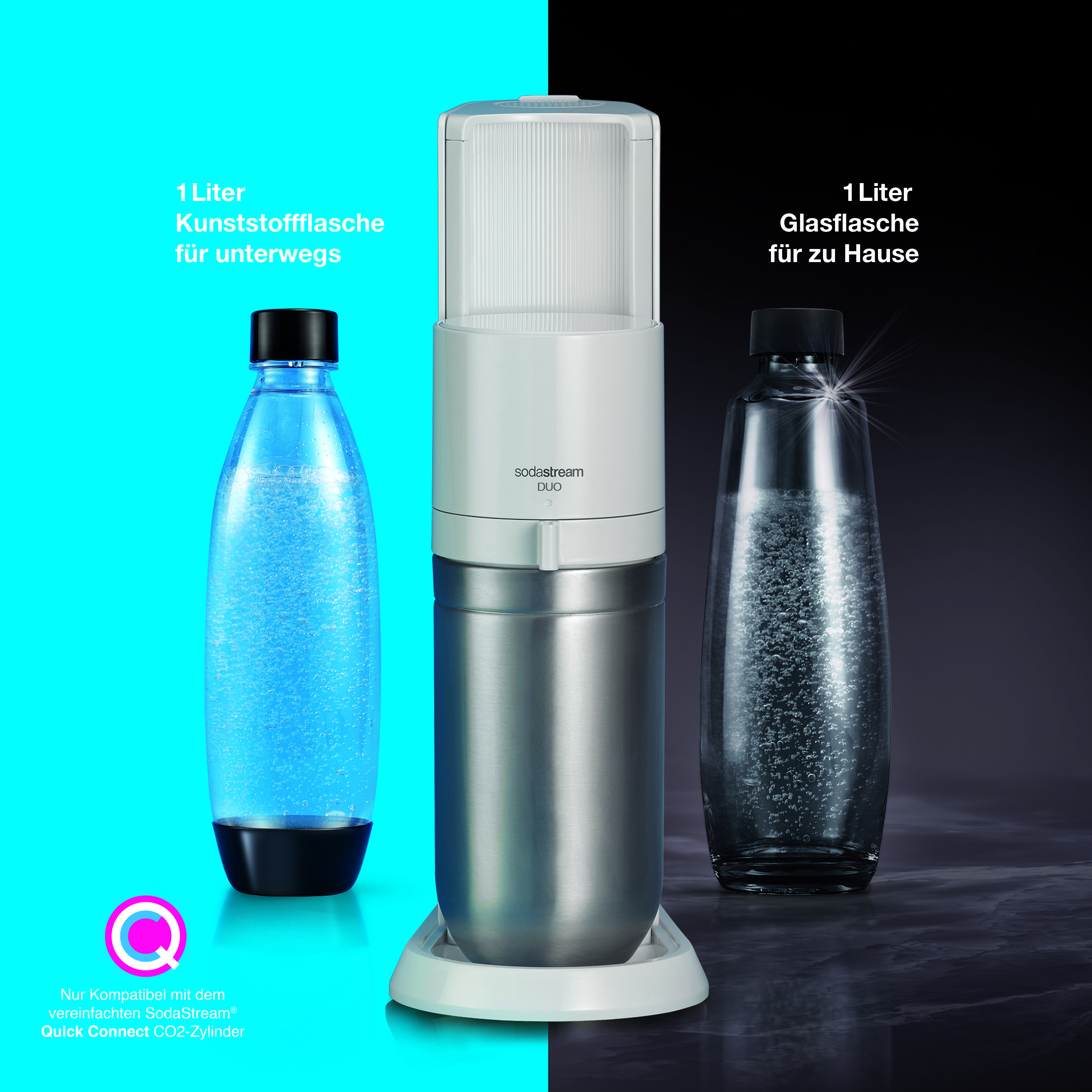 Ein Sodabereiter mit Flaschen, eine Plastikflasche links und eine Glasflasche rechts.