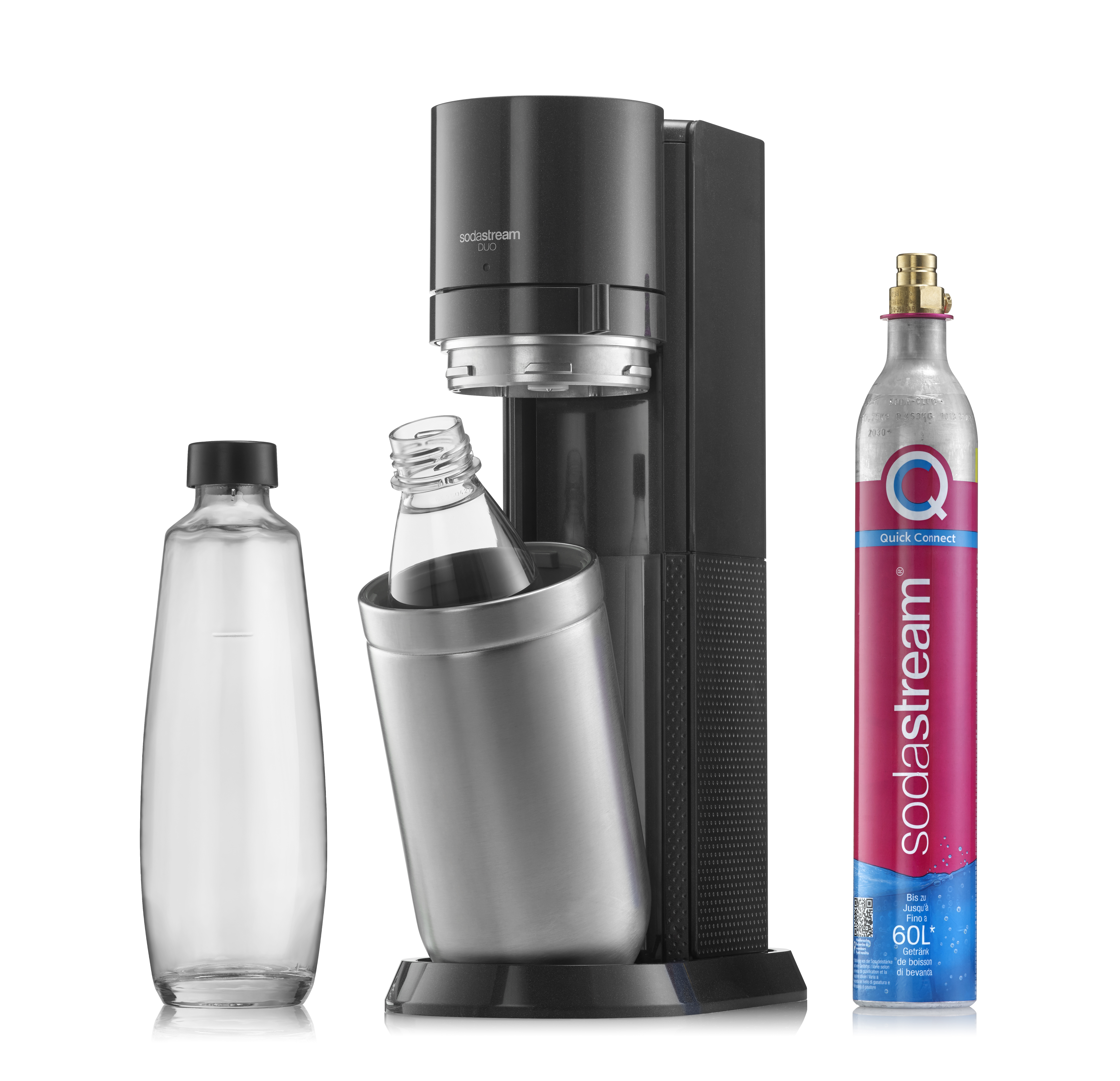 SodaStream-Maschine mit Flasche und CO2-Zylinder.