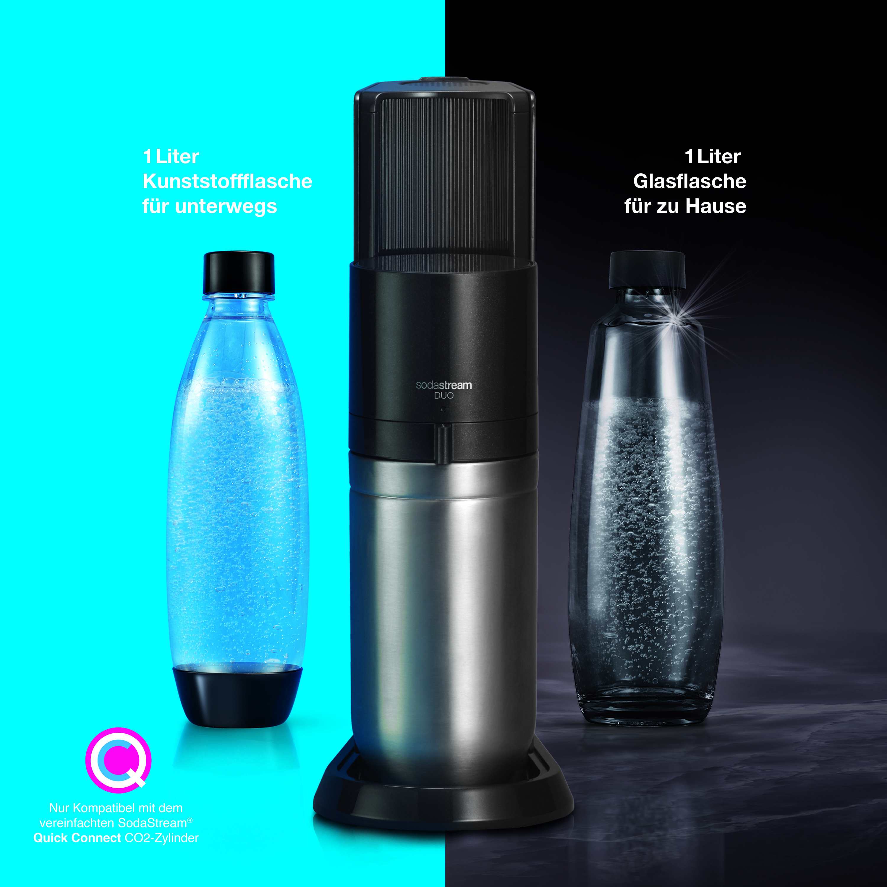 Ein SodaStream DUO System mit einer Kunststoff- und einer Glasflasche, mit Text auf Deutsch.