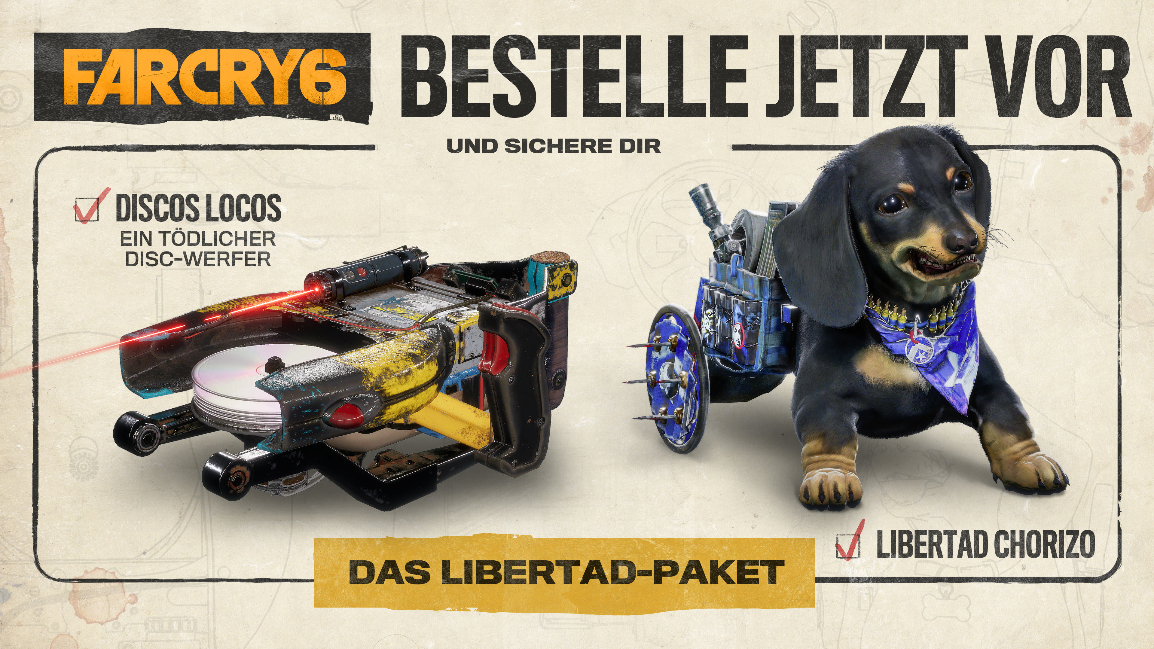 Far Cry 6 Werbung. Ein Hund mit einem Disc-Werfer auf einem Karren neben einem Disc-Werfer.