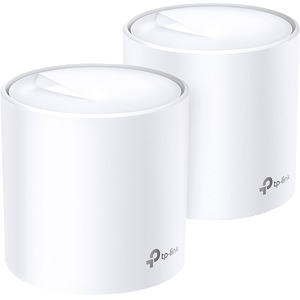 Deux unités WiFi maillées TP-Link Deco blanches. Forme cylindrique, design minimaliste, avec logo TP-Link sur le devant.
