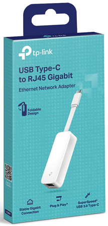 Un adaptateur réseau Gigabit Ethernet USB Type-C vers RJ45 TP-Link blanc.