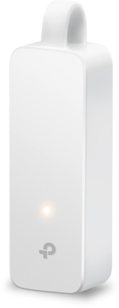 Un appareil blanc et rectangulaire avec une boucle en haut et une lumière.