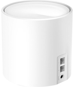 Haut-parleur sans fil blanc et cylindrique avec ports à l'arrière.