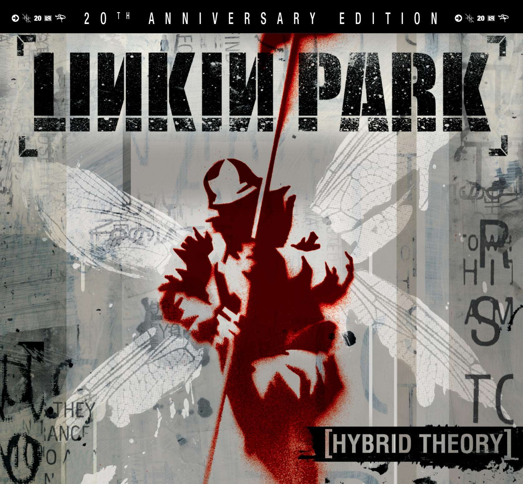 Albumcover von Linkin Parks 'Hybrid Theory'. Rote Figur und Flügel über einem Grunge-Hintergrund.
