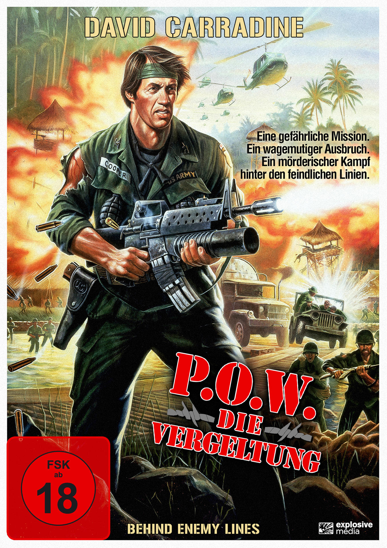 Filmposter. David Carradine in grüner Uniform mit Maschinengewehr. Eine Kriegsszene im Hintergrund.
