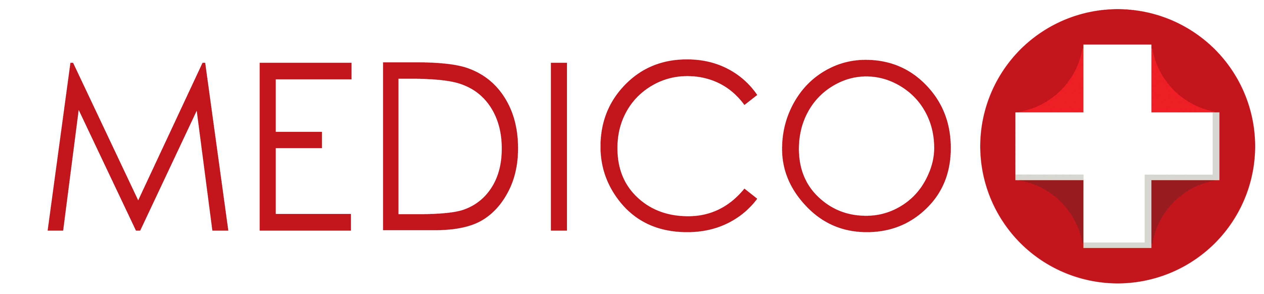 MEDICO-Logo in roten Buchstaben mit rotem Kreuz in einem Kreis.