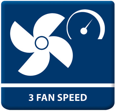 Ein blaues Quadrat mit einem weißen Lüfter- und Messgerätsymbol und dem Text '3 FAN SPEED'.