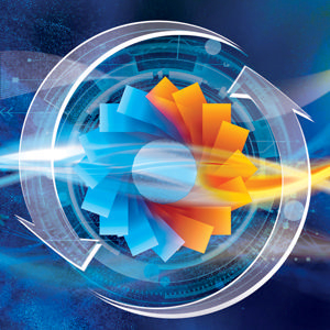 Abstrakte Grafik einer blau-orangen Turbine mit Pfeilen, die Energie und Bewegung darstellen.