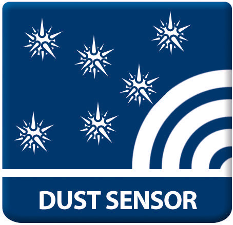 Blaues Quadrat mit einem weißen Staubsensor-Symbol und dem Text 'DUST SENSOR'.