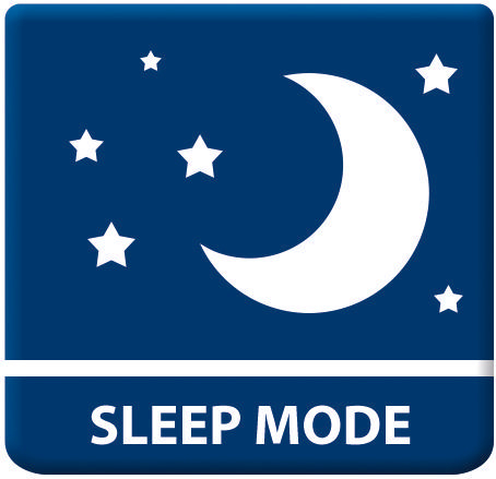 Blaues Quadrat mit weißem Halbmond und Sternen, darunter die Worte "SLEEP MODE".