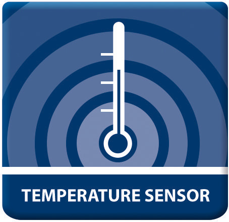 Temperatursensorsymbol, Thermometer in einem Kreis mit blauem Hintergrund.