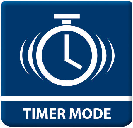 Ein blaues Quadrat mit einem weißen Timer-Symbol und dem Text 'TIMER MODE'.