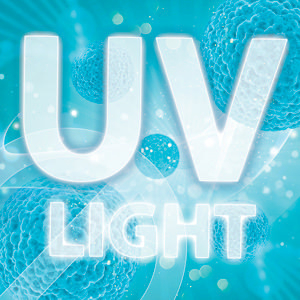 UV LIGHT Text in Weiß über blauem Hintergrund mit abstrakten Mikrobenformen.